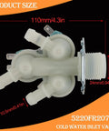 Cold Water Inlet Valve Replacement For Washer 5220FR2075L With 2 Outlets At 45 Degrees Left Fits LG Kenmore Models Replaces 5221ER1003A C D PS11728995 Prewash Bleach Dispenser Compatible Fits Like A Charm, shown in white plastic with dimensions labeled 110mm and 24mm on orange background.