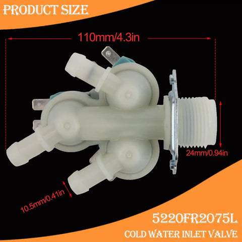 Cold Water Inlet Valve Replacement For Washer 5220FR2075L With 2 Outlets At 45 Degrees Left Fits LG Kenmore Models Replaces 5221ER1003A C D PS11728995 Prewash Bleach Dispenser Compatible Fits Like A Charm, shown in white plastic with dimensions labeled 110mm and 24mm on orange background.