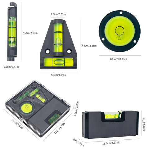Torpedos, Pocket Levels set featuring compact tools including bubble levels in various shapes and sizes.