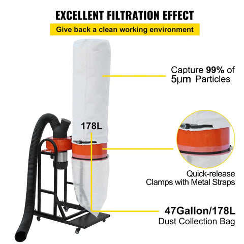 Pro Grade Portable Dust Collector With 716 CFM Vortex Cyclone System, 1.5 HP Motor, 47 Gallon Bag, mobile base, 5 Micron Filter Kit