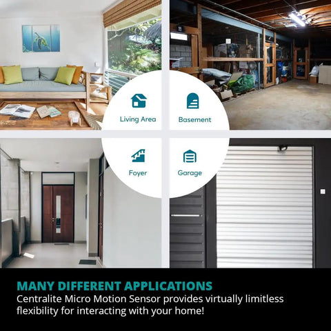 Smart Motion Sensor For Home Automation And Security With Zigbee shown in living area, basement, foyer, and garage settings.