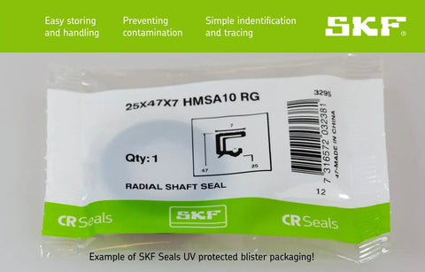Heavy Duty Built To Last 25X47X7 HMSA10 RG Radial Shaft Seal packaging with SKF logo and specifications
