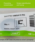 Blister packaging for 25x47x7 HMSA10 RG radial shaft seal by SKF, featuring easy storage and handling instructions.