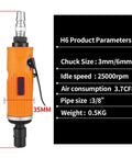 Kickass Compact Pneumatic Air Hammer And Die Grinder With Adjustable Speed for precision metal wood engraving, profile dimensions displayed.