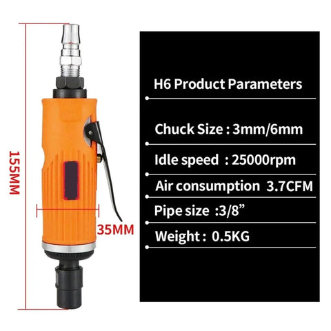 Kickass Compact Pneumatic Air Hammer And Die Grinder With Adjustable Speed for precision metal wood engraving, profile dimensions displayed.
