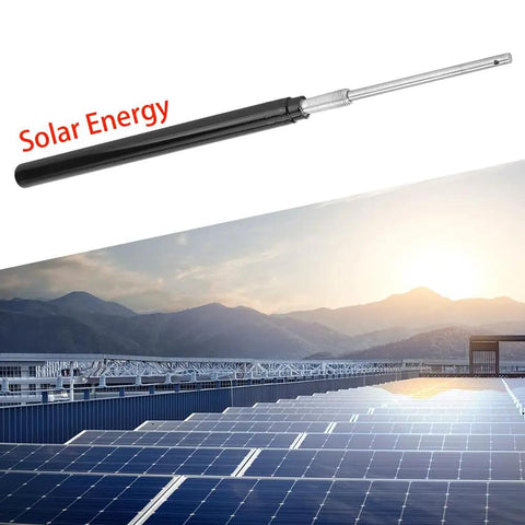 Greenhouse Automatic Vent Opener Kit With Double Spring Roof Control, solar-powered vent cylinder over solar panel backdrop.