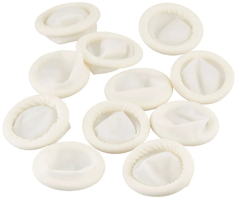 General Purpose Latex Finger Cots Powder Free Large White Pack Of 1440 For Spa Healthcare And Industrial Use, laid out showing rolled edges