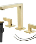 Brushed Gold 3 Hole Two Handle 8 Inch Widespread Bathroom Sink Faucet With Pop Up Drain And Supply Hose Brass Construction Mixer Tap For Vanity Basin Restroom Lavatory set