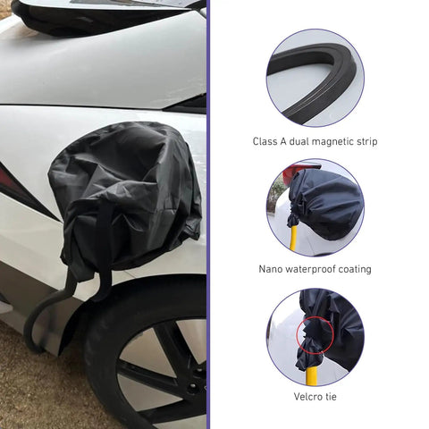 Magnetic EV Charger Port Cover Seals Firmly Against Snow UV Dust and Road Grime Built Like a Tank Hella Tough Polyester on vehicle.