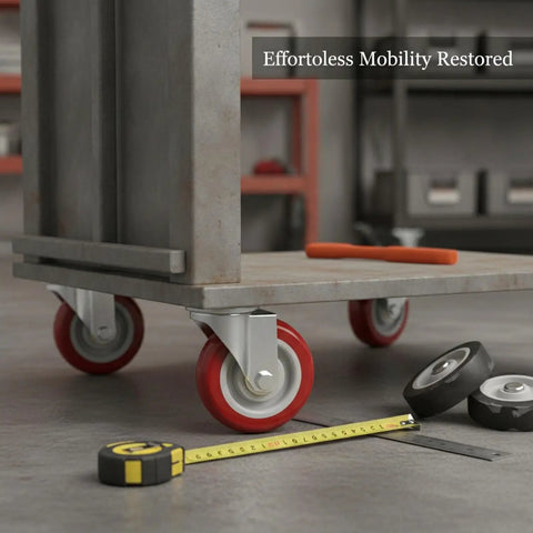 Red Polyurethane Plate Caster Wheel With Brake under industrial cart, floor safe, solid metal housing, surrounded by tools