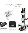 Badass Mini Bench Drill Press Kit With Smooth 24 Volt Seven Speed And Stepless Controller Digital Display showing the vise and components.