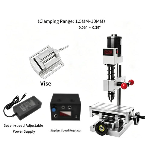 Badass Mini Bench Drill Press Kit With Smooth 24 Volt Seven Speed And Stepless Controller Digital Display showing the vise and components.