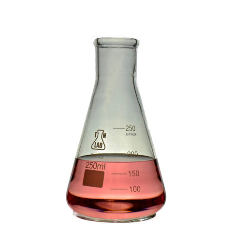 Four Piece Pro Grade Borosilicate Glassware Kit With Beakers, Flask, And Cylinder For Lab Use, 250ml borosilicate flask with red liquid