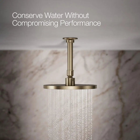 8 Inch Round Rain Showerhead With 2.5 Gpm Drenching Spray, Vibrant Brushed Bronze Finish, ceiling-mounted against marble wall