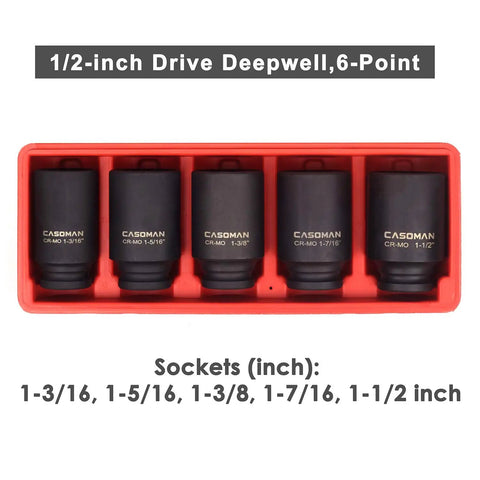 Half Inch Drive Deep Axle Nut Impact Socket Set with 6-Point Cr-Mo Steel Extra Deep Inch Sizes 1 3/16 to 1 1/2 in case