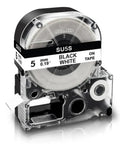 Premium 5mm SU5S Black On White Heat Shrink Label Tape For Brother Ptz Labels, clear tape roll showing black and white label.