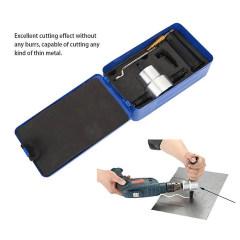 Sheet Metal Nibbler Cutter Drill Attachment Kit 6Pc Set With Double Head Hole Saw Cutting Tool in box and in use on sheet metal