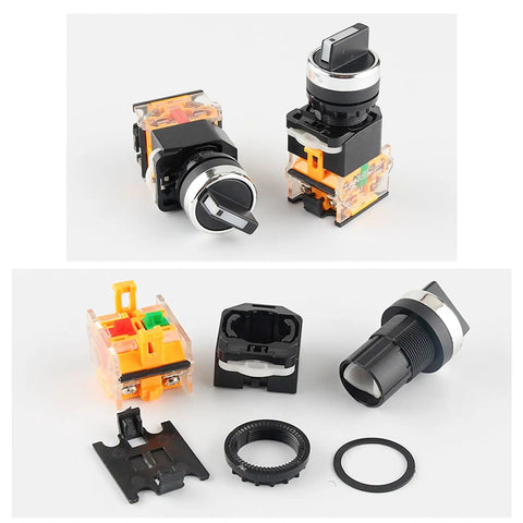 2-Pack Momentary Rotary Selector Switch, 3 Positions, 10A 380V, 22mm Panel Mount, Built Tough, Heavy Duty Control Switch For Industrial Gear And DIY Projects LA38-11/20, components detailed view.