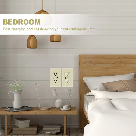 Bedroom with USB C Outlet With 24W Power Delivery And USB A Port 125V Tamper Resistant Receptacle on wall near bed
