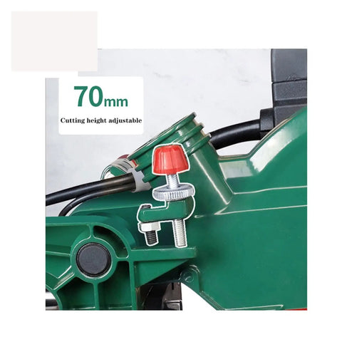 Detail of cutting height adjustment on Slick Kickass 8 Inch Electric Miter Saw With Smooth Sliding Table for fast wood cutting.
