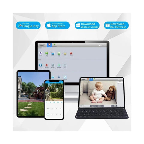 Smart devices showcasing Badass 8MP 4K Outdoor POE Dome IP Security Camera features with live surveillance on tablets and smartphones.