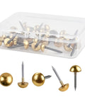 Pack of 30 Top Shelf Solid Brass Tacks For Furniture Fixes Killer Retro Upholstery Nails in a clear travel case.