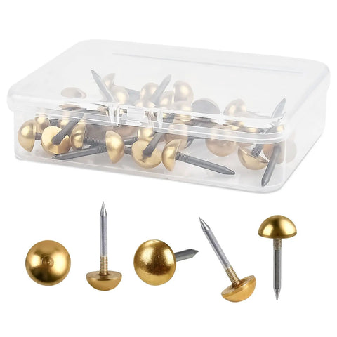 Pack of 30 Top Shelf Solid Brass Tacks For Furniture Fixes Killer Retro Upholstery Nails in a clear travel case.