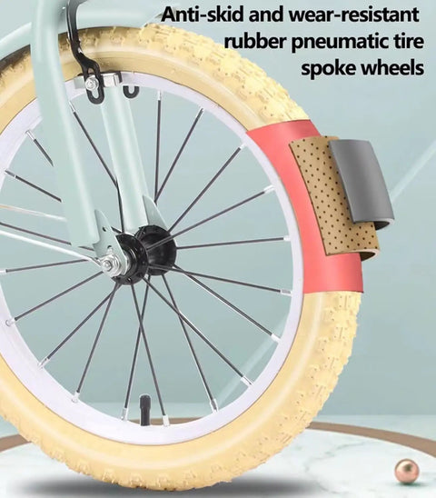 Close-up of light green Outdoor Cruiser Tricycle pneumatic tire and spoke wheel, showcasing anti-skid features.