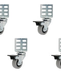 Non-marking rubber corner casters with metal brackets for hardwood, tile, and laminate floors. Set of four casters.