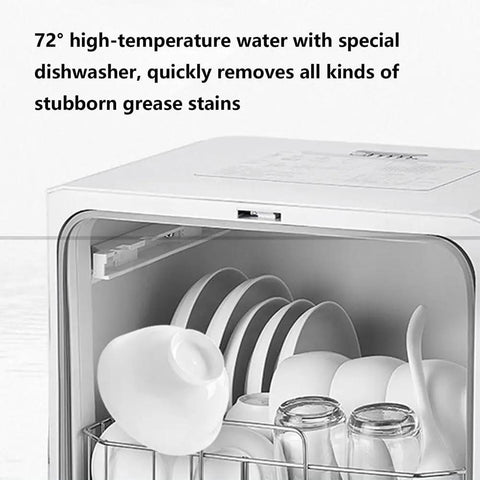 Compact Countertop Dishwasher With Fruit Wash Feature And Rapid Dry Cycle Slick Touch Panel For Apartments Dorms And Small Rooms Straight Up Hassle Free Cleanup, showing clean dishes and glasses inside.