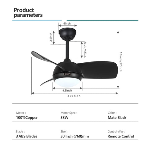 30 Inch Matte Black Ceiling Fan With Lights, Silent Reversible Motor, Remote Control, Dimmable LED Lighting, dimensions diagram
