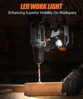 Person using Cordless Drill Driver Kit 20V Max Three Eighths Inch Compact Set with 2Ah Battery and Charger on wooden block