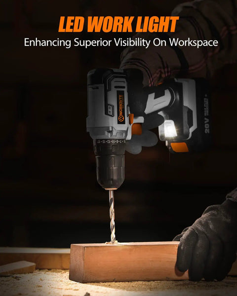 Person using Cordless Drill Driver Kit 20V Max Three Eighths Inch Compact Set with 2Ah Battery and Charger on wooden block
