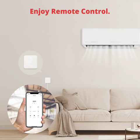 Mini Smart Remote Hub With IR Blaster For TV And Air Conditioner 2.4GHz Wi Fi Compatible shown with smartphone app control on sofa