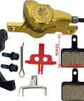 Heavy Duty Hydraulic Disc Brake Kit With 800mm Front And 1400mm Rear Lines Twin Pistons, gold caliper and brake pads for bikes.