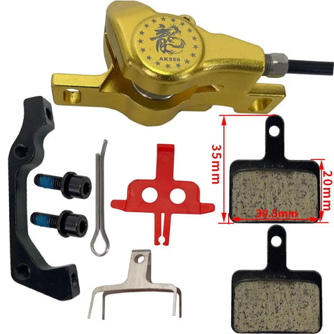 Heavy Duty Hydraulic Disc Brake Kit With 800mm Front And 1400mm Rear Lines Twin Pistons, gold caliper and brake pads for bikes.