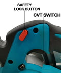 No Cord Hassle Cordless Circular Saw 18V Lithium Power Tool safety lock button and CVT switch close-up detail.