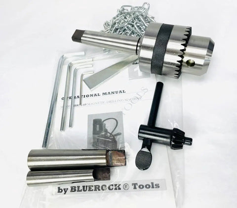 Black 60mm Magnetic Drill With Rock Solid 52 Lb Base Two Speed Reversible Motor accessories including chuck, arbor, tools, and manual.