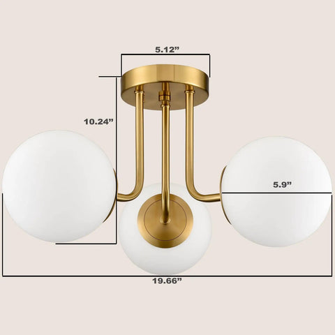 Modern Brass Gold 3 Light Ceiling Fixture With Globe White Glass Shade Semi Flush Mount For Living Room Hallway Sputnik Chandelier Lighting That Delivers Bright Even Illumination And Chic Premium Vibe