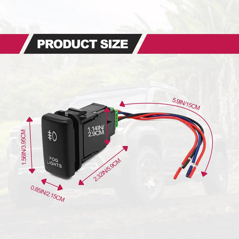 LED Fog Light Symbol Push Button Switch With White Backlit On Off Kit Connector Wire Included Rugged ABS Rocker size diagram