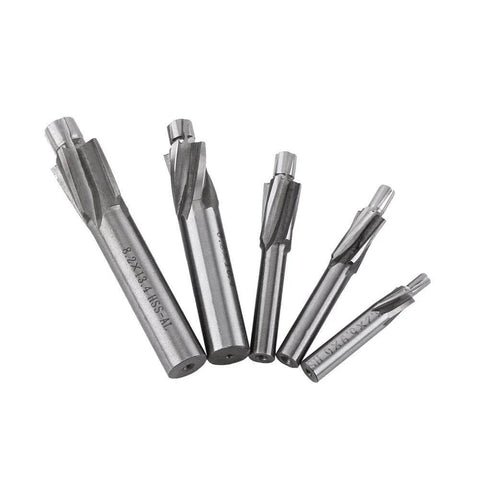 5pc counterbore drill bit set with 4-flute HSS end mills for copper, aluminum, cast iron, front view