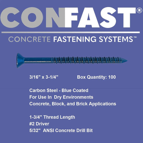 3/16 X 3-1/4 Inch Blue Flat Phillips Concrete Screw Anchor With Drill Bit, Self-Tapping Fastener for Brick and Cement