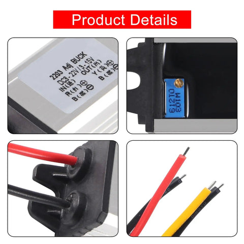 Detailed view of Two Pack DC Buck Converter Step Down Regulator 8 To 22V Input To 3 To 15V Output 5V 12V 3A 11W Beefy Waterproof Aluminum Case With Silicone Seal Car Truck Boat LED Light Power Module For Automotive Boat, showing connections and wiring.