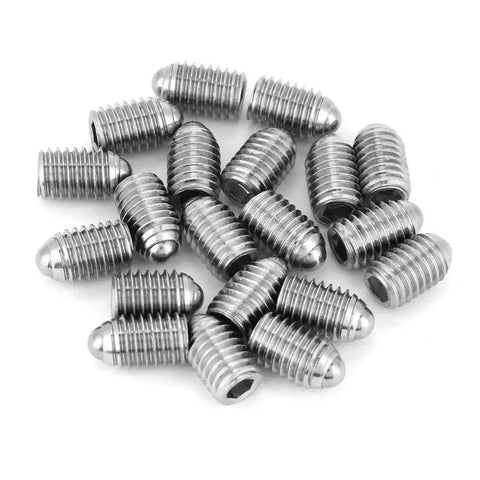 20 Pack Heavy-Duty M8 Spring Ball Plungers, Slick Stainless Steel Hex Socket Inserts scattered on a white background.