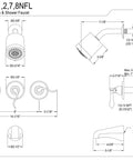 Technical diagram of French Tub And Shower Faucet With Nuwave Handle In Brushed Nickel, Wall Mount Design, Solid Brass And ABS Construction
