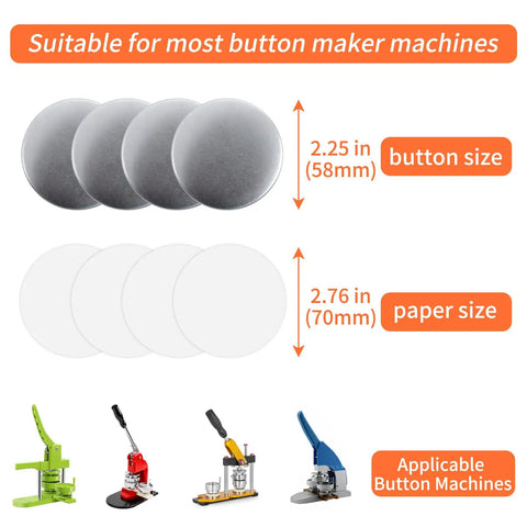 Premium Top Tier 200 Piece 2 Inch 58 Mm Button Maker Supplies And Pin Back Crafting Kits with metal caps and plastic backs.