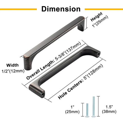 Detailed dimensions of Rock Solid Brushed Gold Cabinet Pulls Kitchen Handles 5 Inch 128mm Centers Heavy Duty Drawer Hardware 10 Pack.