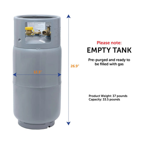 Steel Forklift Propane Tank Cylinder With Built In Gauge, 33.5 Lb Capacity, Liquid Draw Design, Gray Finish, Empty Tank Details