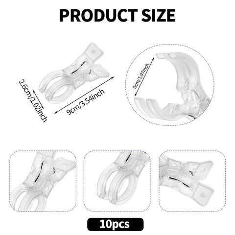 Transparent Balloon Arch Clips 10 Pack Durable Plastic Spring Clamps with dimensions for easy use and decor