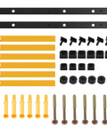 Heavy Duty Wall Mount Lumber Rack With Three Level Folding Wood Storage Organizer For Garage Or Shop, Heavy Gauge Steel Built Like Iron To Haul Planks And Boards Without Breaking A Sweat, Two Pack, assembly hardware including black and yellow brackets, screws, and anchors.